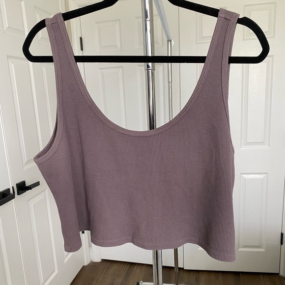 Set Active Waffle Knit Scoop Neck Logo Cropped Tank Top Brown Smoke Size M or L - Picture 1 of 8